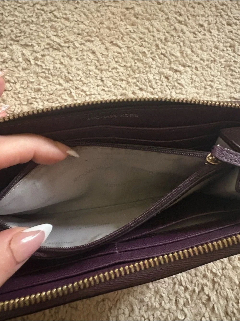 Michael Kors Deep Plum Pebbled Leather Zip Wallet with Gold Hardware